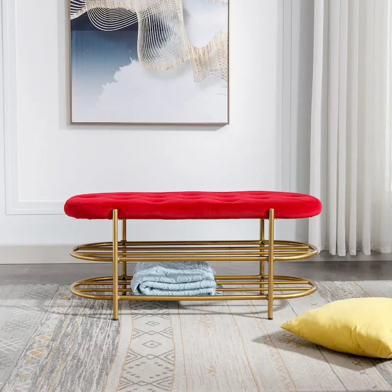 Velvet Upholstered Living Room Bench with Double Shoe Rack Multi-Color