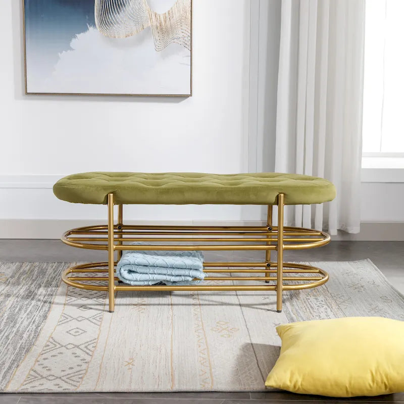 Velvet Upholstered Living Room Bench with Double Shoe Rack Multi-Color