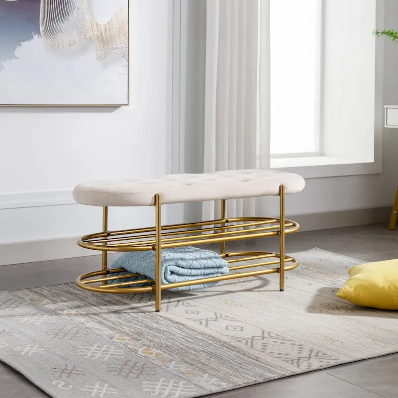 Velvet Upholstered Living Room Bench with Double Shoe Rack Multi-Color