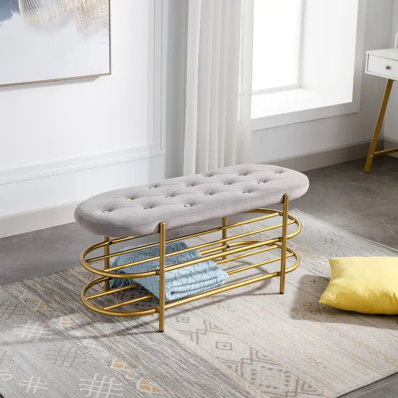 Velvet Upholstered Living Room Bench with Double Shoe Rack Multi-Color