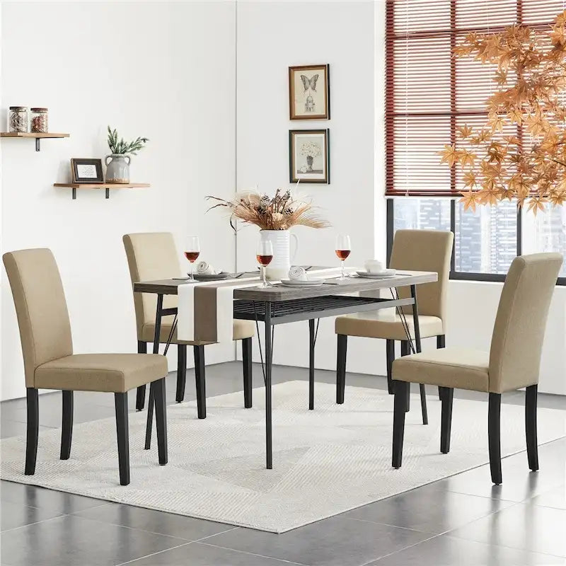 Upholstered Fabric Dining Chair with Solid Wood Legs, Khaki / Dark Gray