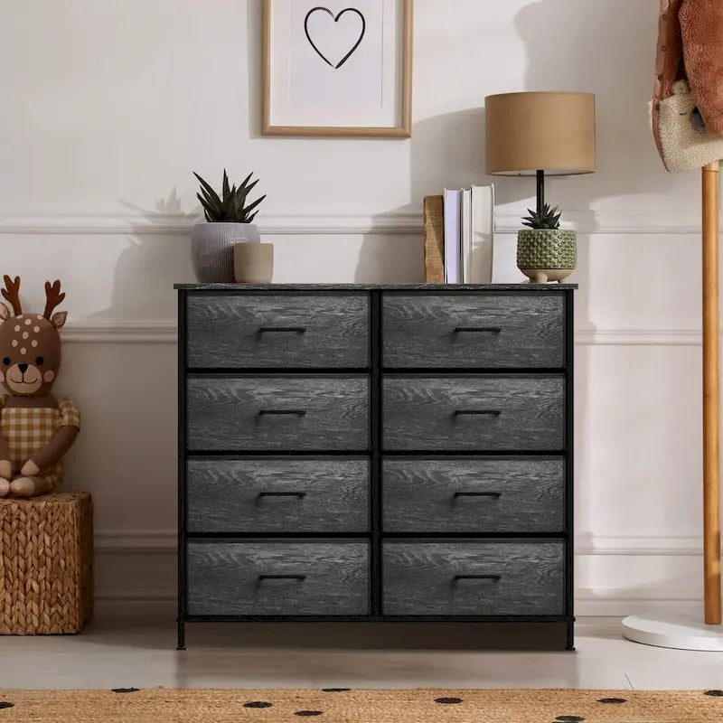 8-Drawer Fabric Dresser Grey Wood Grain Tall Storage Chest Bedroom