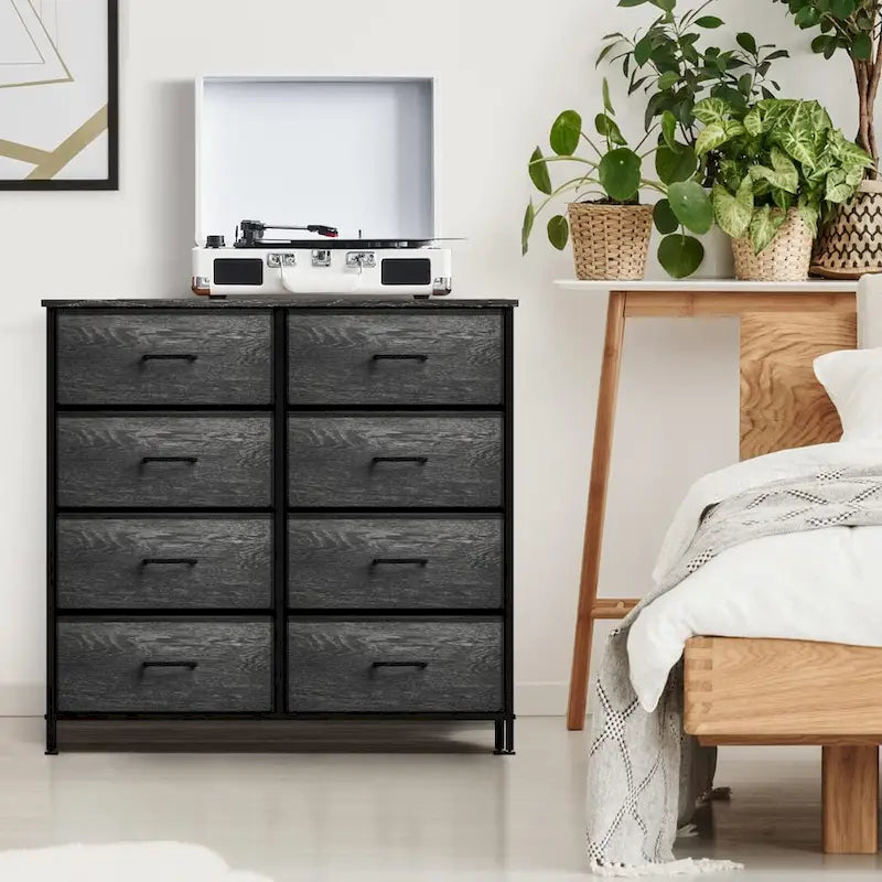 8-Drawer Fabric Dresser Grey Wood Grain Tall Storage Chest Bedroom
