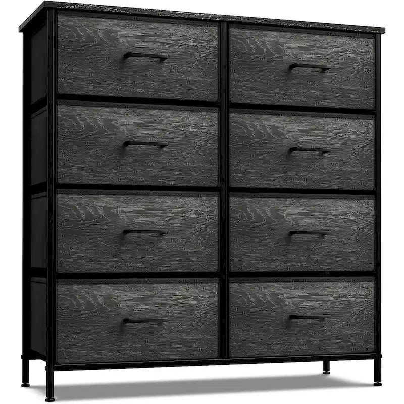 8-Drawer Fabric Dresser Grey Wood Grain Tall Storage Chest Bedroom