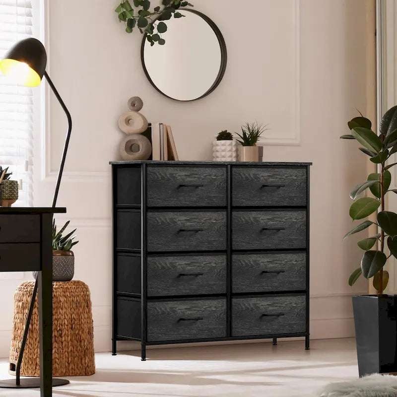 8-Drawer Fabric Dresser Grey Wood Grain Tall Storage Chest Bedroom