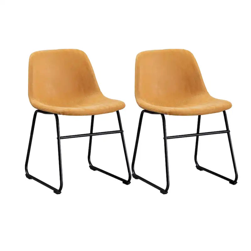 Mid-Century Tan Faux Leather Armless Dining Chair with Black Metal Sled Base