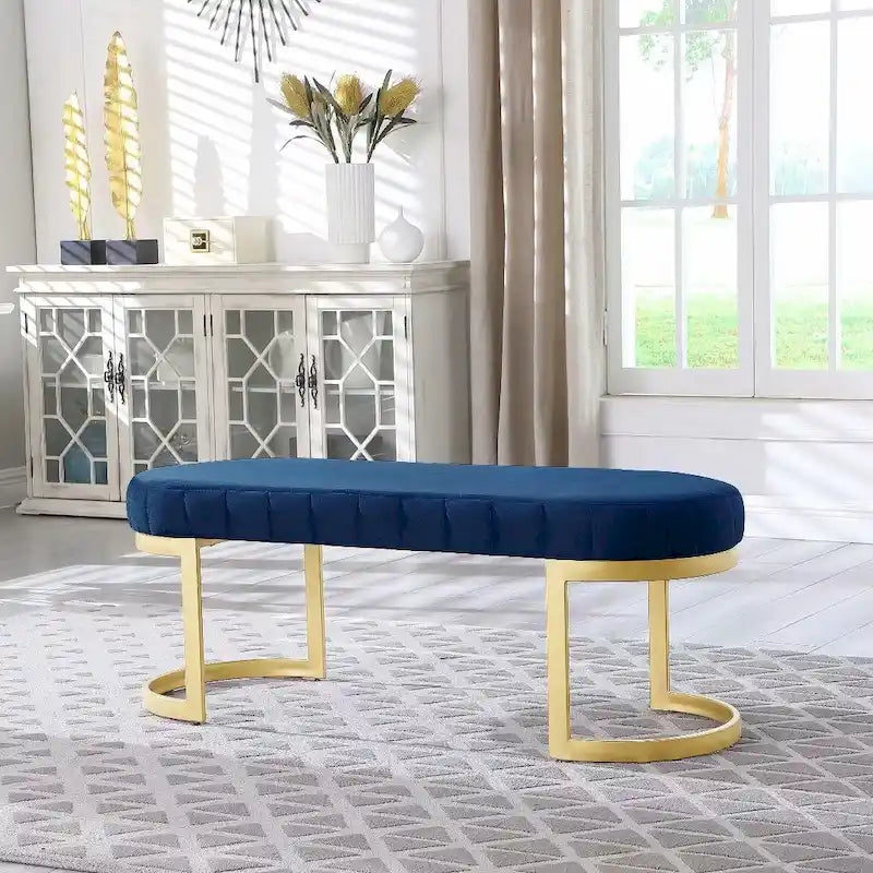 Blue Velvet Upholstered Bench with Gold Metal Arc Legs