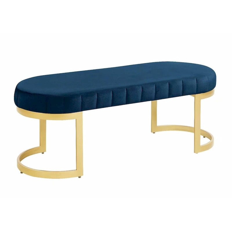 Blue Velvet Upholstered Bench with Gold Metal Arc Legs