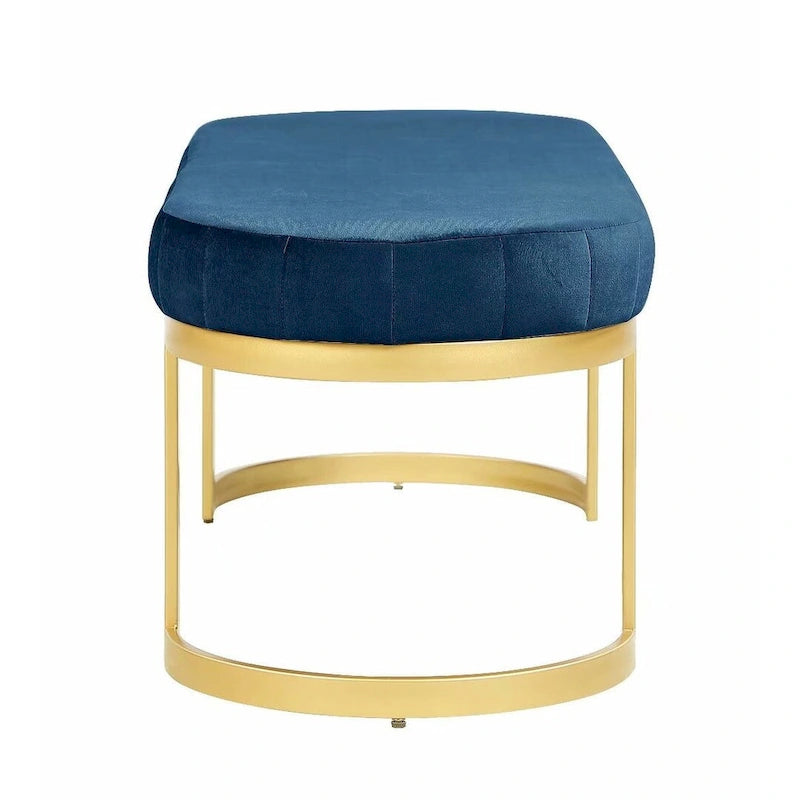 Blue Velvet Upholstered Bench with Gold Metal Arc Legs