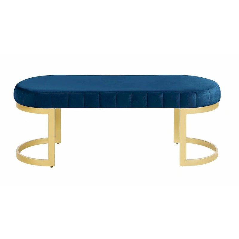 Blue Velvet Upholstered Bench with Gold Metal Arc Legs
