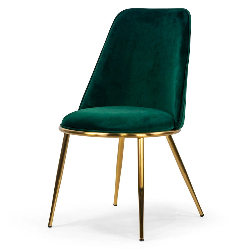Glam Green Velvet Dining Chair with Goldtone Metal Legs Vintage Style