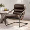 Channel Back Top-Grain Leather Accent Chair with Iron Frame, Brown or Blue