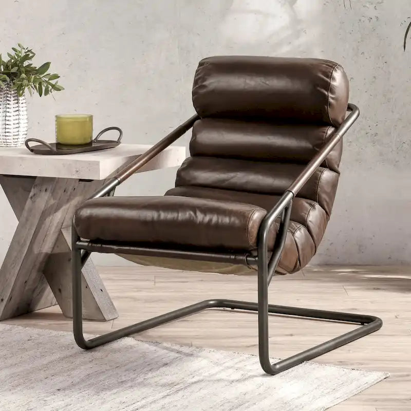 Channel Back Top-Grain Leather Accent Chair with Iron Frame, Brown or Blue