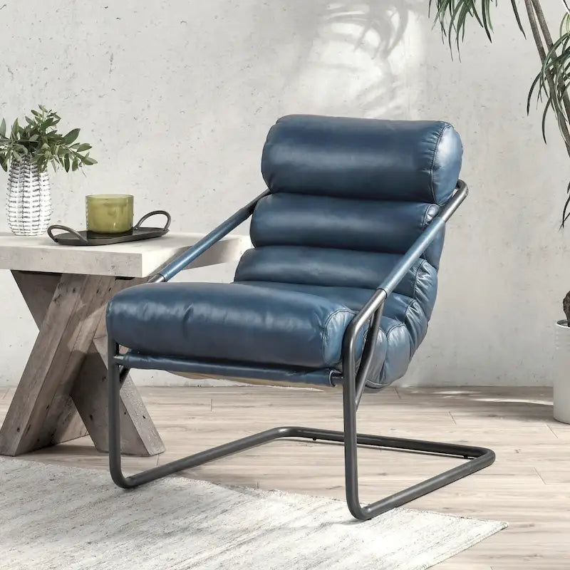 Channel Back Top-Grain Leather Accent Chair with Iron Frame, Brown or Blue
