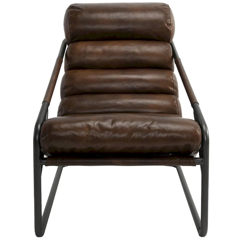 Channel Back Top-Grain Leather Accent Chair with Iron Frame, Brown or Blue