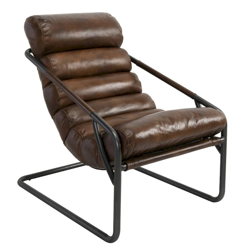 Channel Back Top-Grain Leather Accent Chair with Iron Frame, Brown or Blue