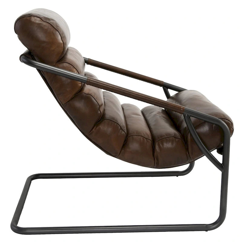 Channel Back Top-Grain Leather Accent Chair with Iron Frame, Brown or Blue