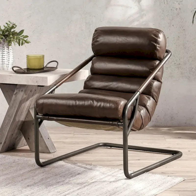 Channel Back Top-Grain Leather Accent Chair with Iron Frame, Brown or Blue