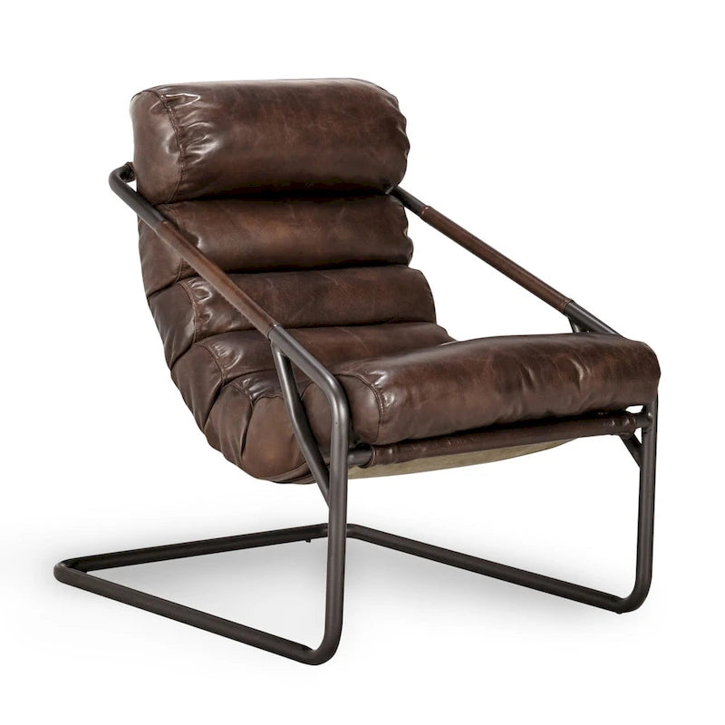 Channel Back Top-Grain Leather Accent Chair with Iron Frame, Brown or Blue