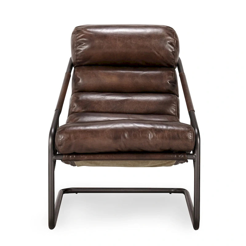 Channel Back Top-Grain Leather Accent Chair with Iron Frame, Brown or Blue