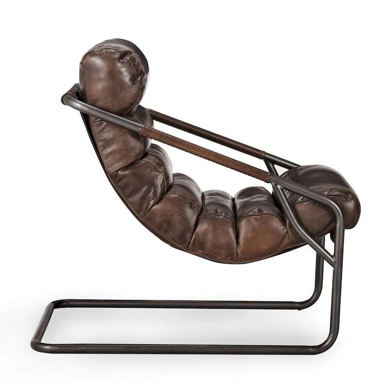 Channel Back Top-Grain Leather Accent Chair with Iron Frame, Brown or Blue