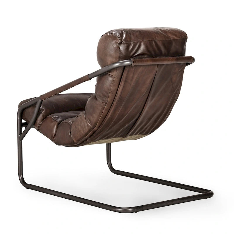 Channel Back Top-Grain Leather Accent Chair with Iron Frame, Brown or Blue