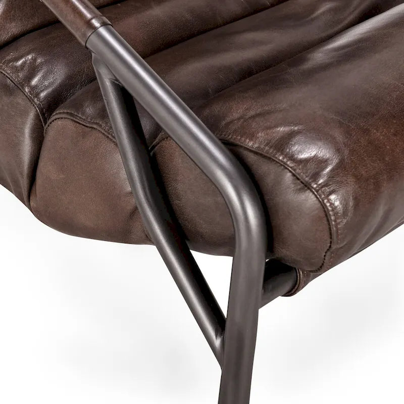 Channel Back Top-Grain Leather Accent Chair with Iron Frame, Brown or Blue
