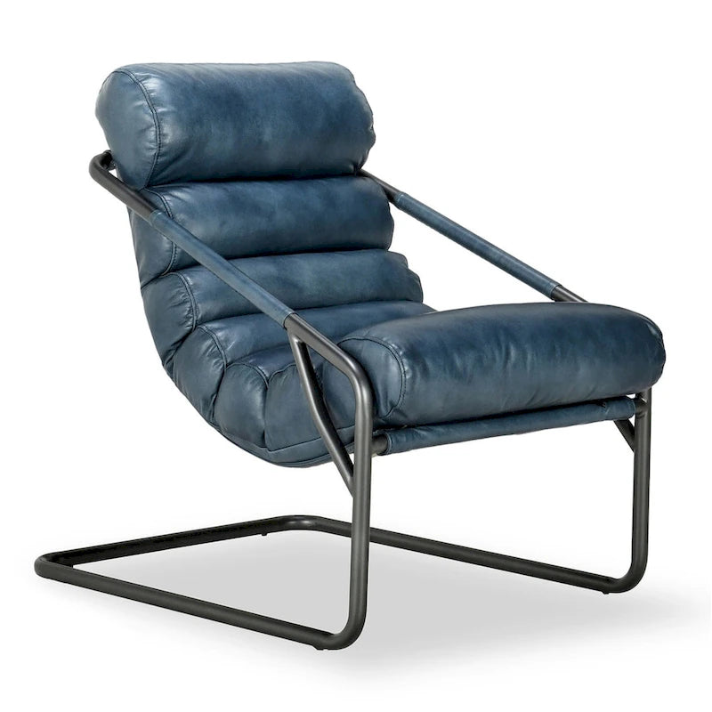 Channel Back Top-Grain Leather Accent Chair with Iron Frame, Brown or Blue