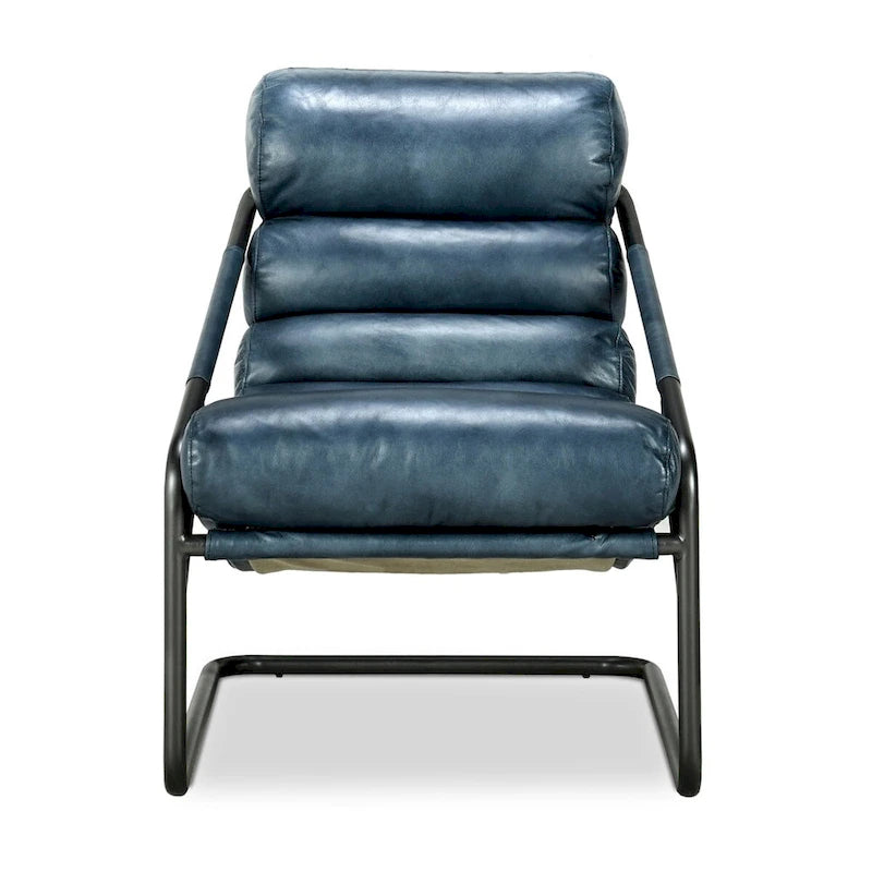 Channel Back Top-Grain Leather Accent Chair with Iron Frame, Brown or Blue