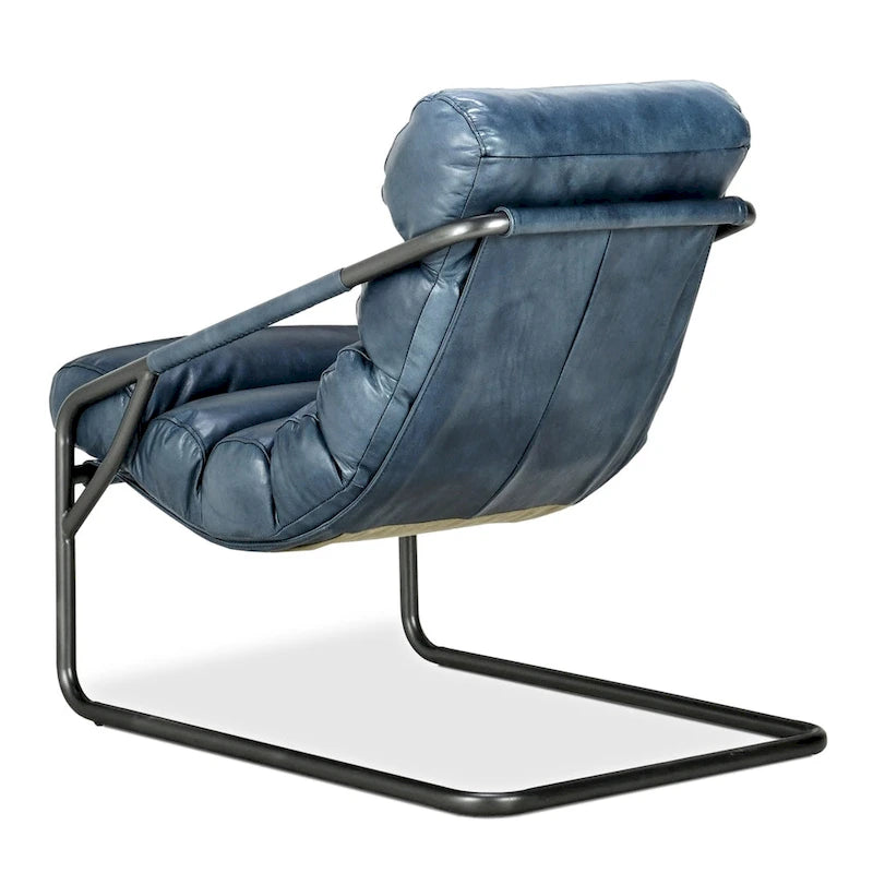 Channel Back Top-Grain Leather Accent Chair with Iron Frame, Brown or Blue