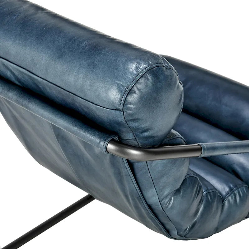 Channel Back Top-Grain Leather Accent Chair with Iron Frame, Brown or Blue