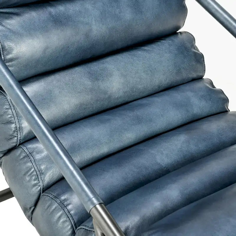 Channel Back Top-Grain Leather Accent Chair with Iron Frame, Brown or Blue