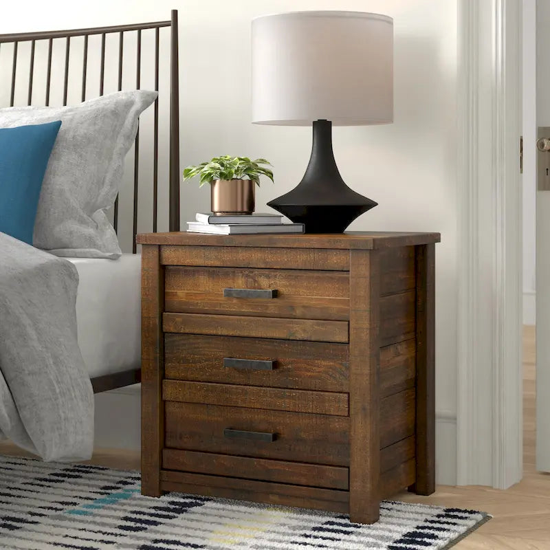 3-Drawer Solid Wood Nightstand with Antique Finish and Metal Pulls