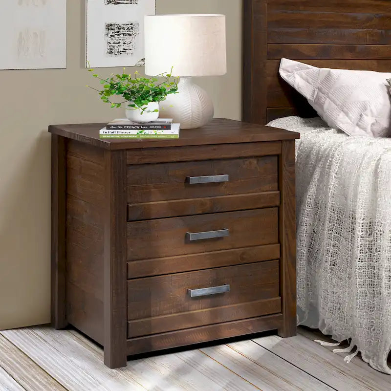 3-Drawer Solid Wood Nightstand with Antique Finish and Metal Pulls
