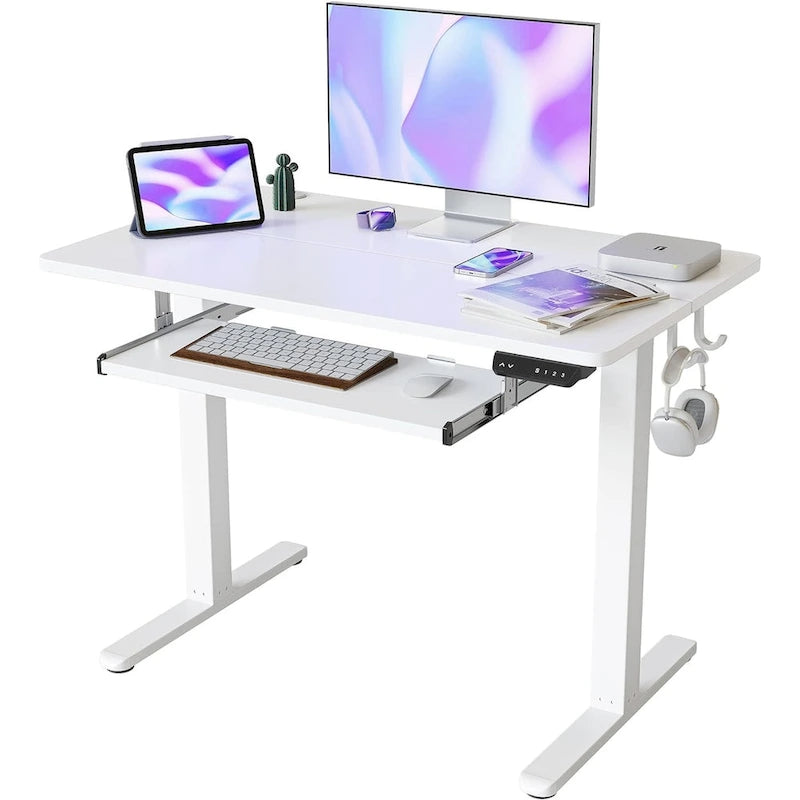 Electric Height Adjustable Standing Desk with Keyboard Tray and Hooks White