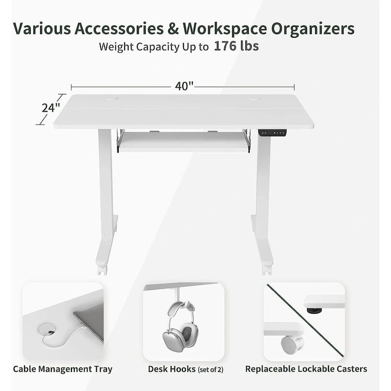 Electric Height Adjustable Standing Desk with Keyboard Tray and Hooks White