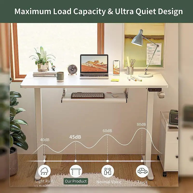 Electric Height Adjustable Standing Desk with Keyboard Tray and Hooks White