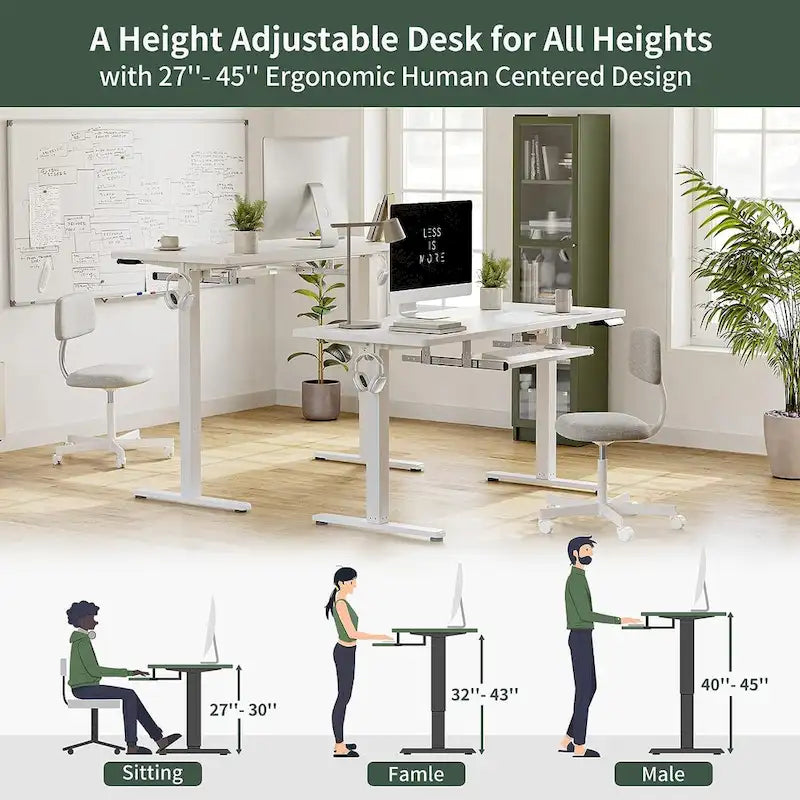 Electric Height Adjustable Standing Desk with Keyboard Tray and Hooks White