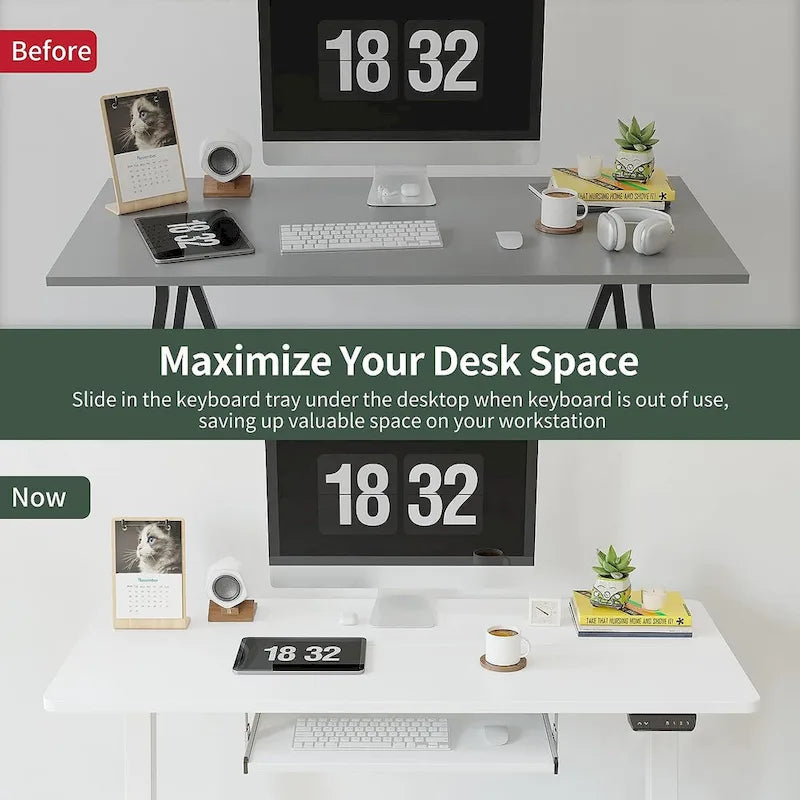 Electric Height Adjustable Standing Desk with Keyboard Tray and Hooks White