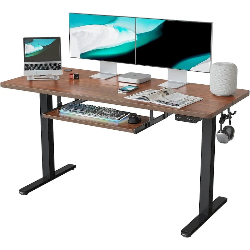 Electric Height Adjustable Standing Desk with Keyboard Tray and Hooks White