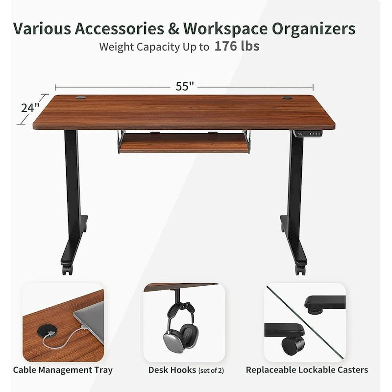 Electric Height Adjustable Standing Desk with Keyboard Tray and Hooks White