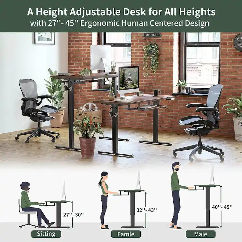Electric Height Adjustable Standing Desk with Keyboard Tray and Hooks White