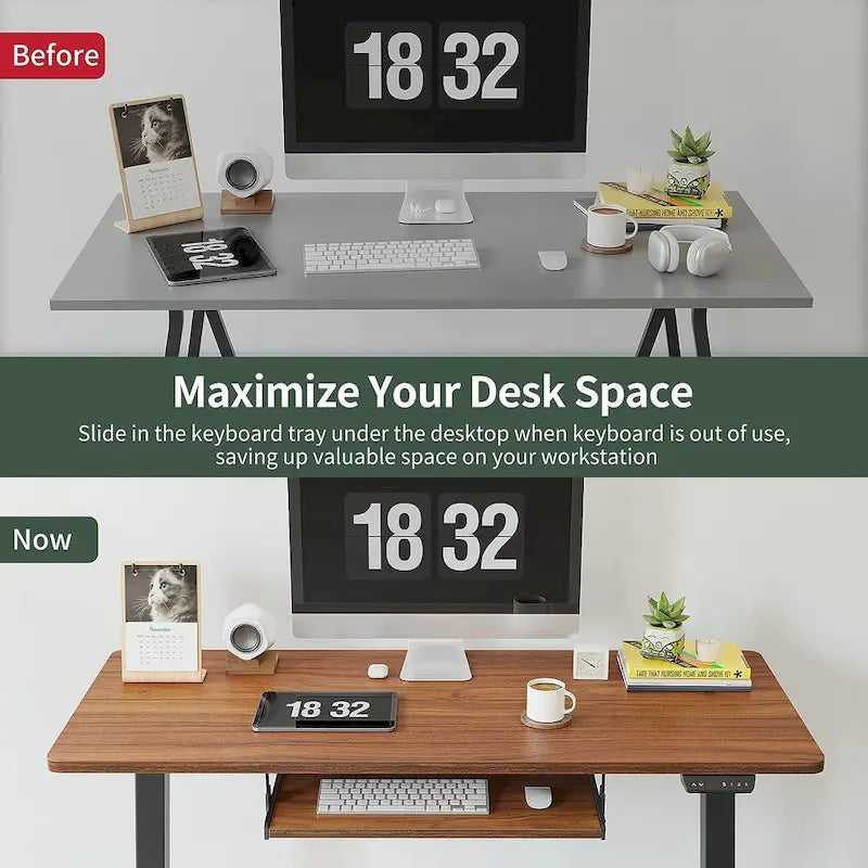 Electric Height Adjustable Standing Desk with Keyboard Tray and Hooks White