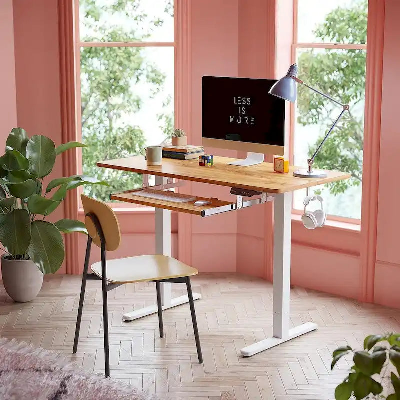 Electric Height Adjustable Standing Desk with Keyboard Tray and Hooks White