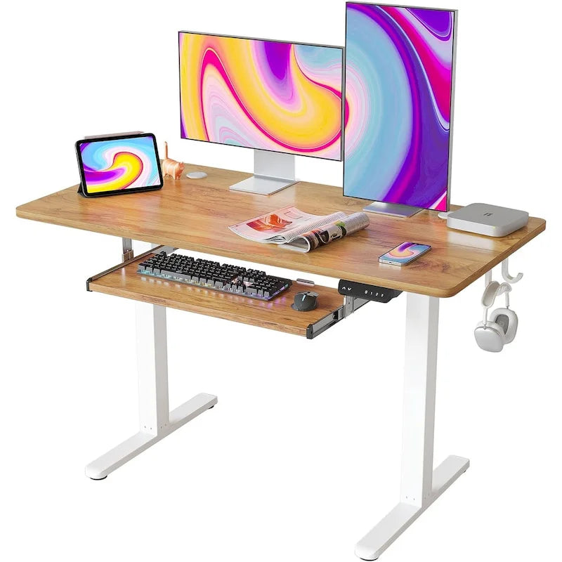 Electric Height Adjustable Standing Desk with Keyboard Tray and Hooks White