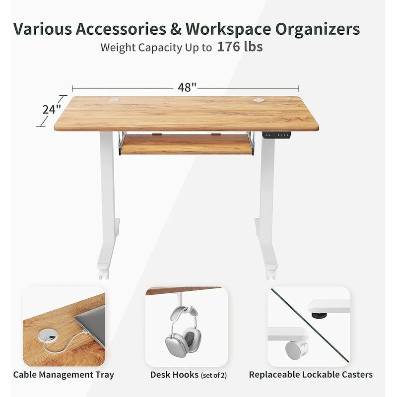 Electric Height Adjustable Standing Desk with Keyboard Tray and Hooks White