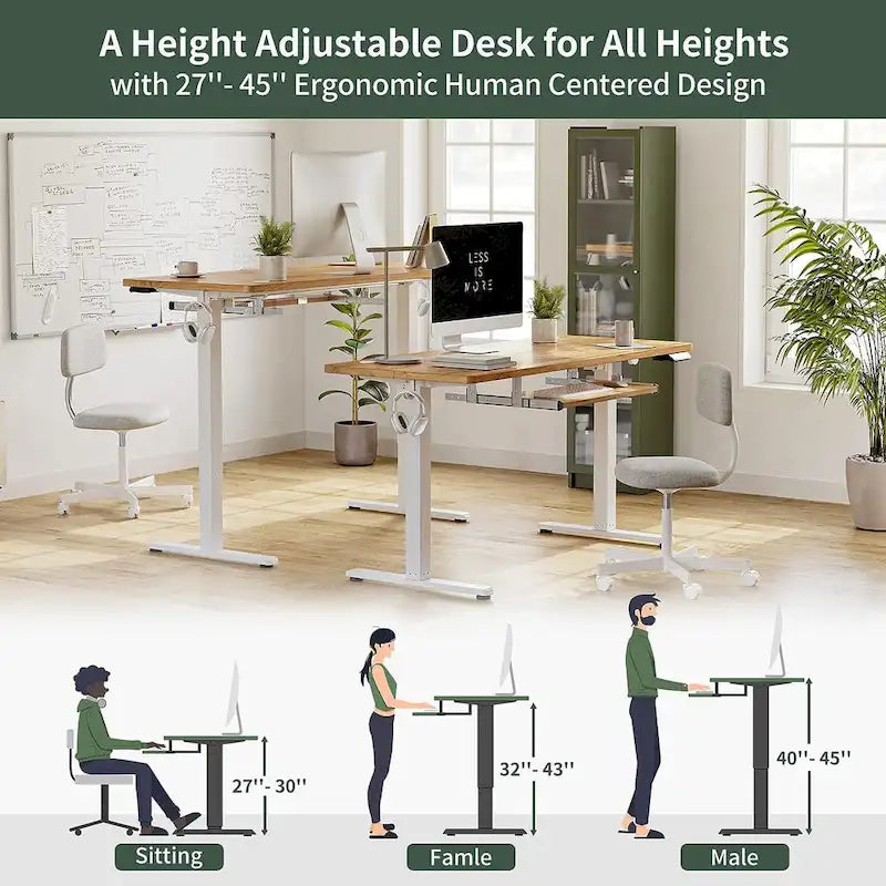 Electric Height Adjustable Standing Desk with Keyboard Tray and Hooks White