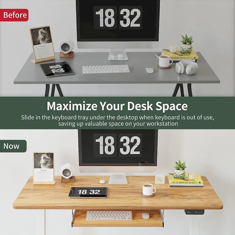 Electric Height Adjustable Standing Desk with Keyboard Tray and Hooks White