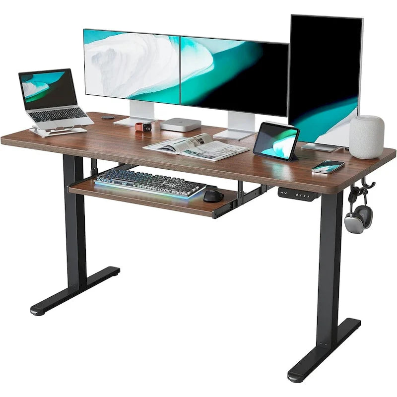 Electric Height Adjustable Standing Desk with Keyboard Tray and Hooks White