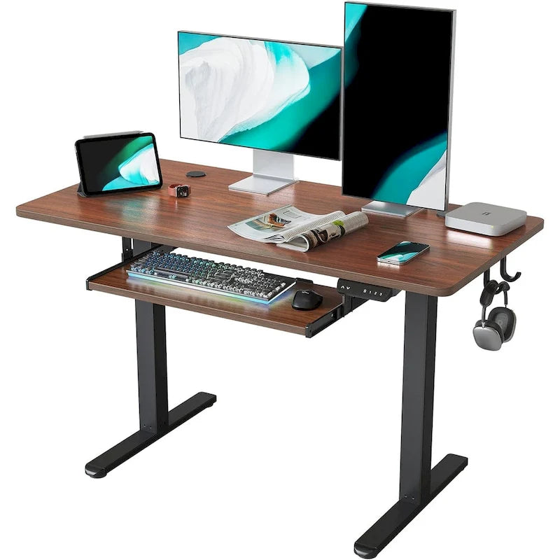 Electric Height Adjustable Standing Desk with Keyboard Tray and Hooks White